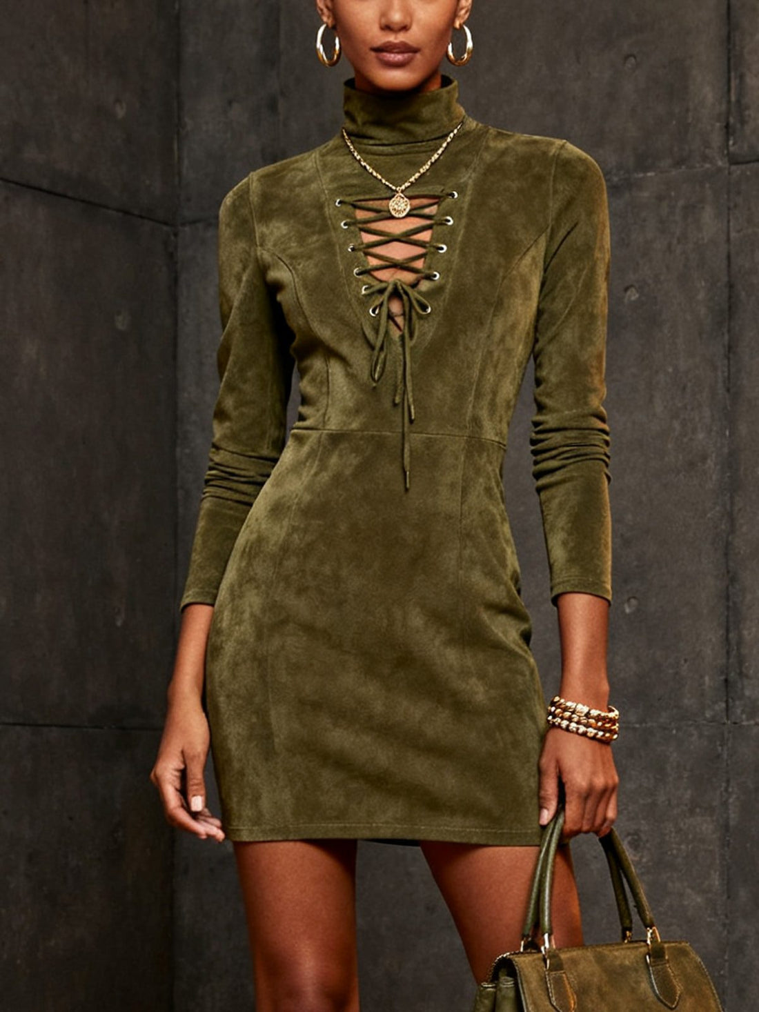 Lace-Up Roll Neck Suede Dress for Women