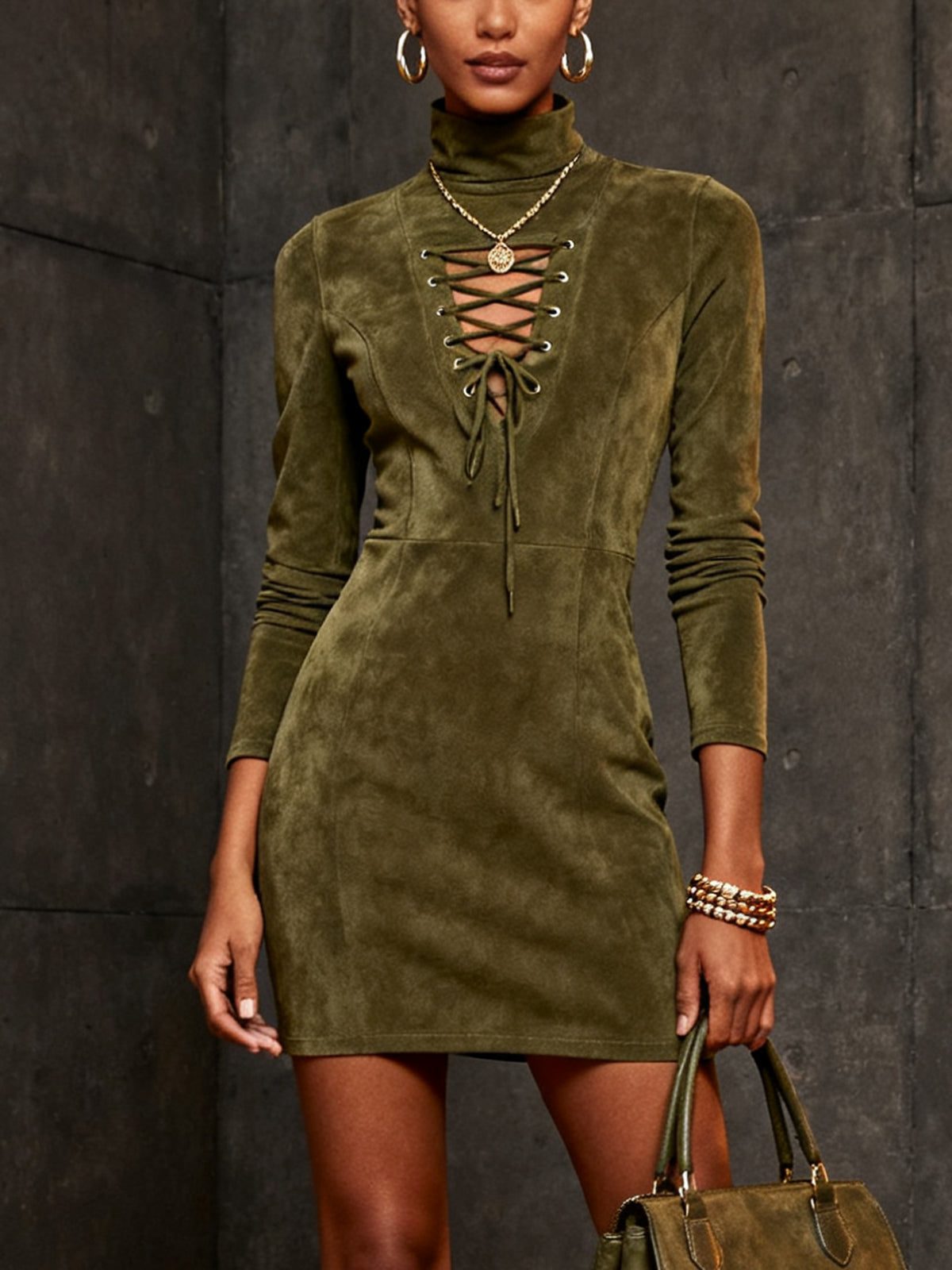 Lace-Up Roll Neck Suede Dress for Women