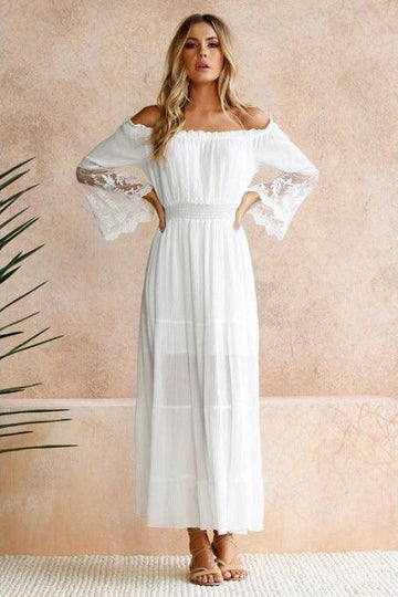 Off-Shoulder Lace Sleeve Maxi Ibiza Dress for Women