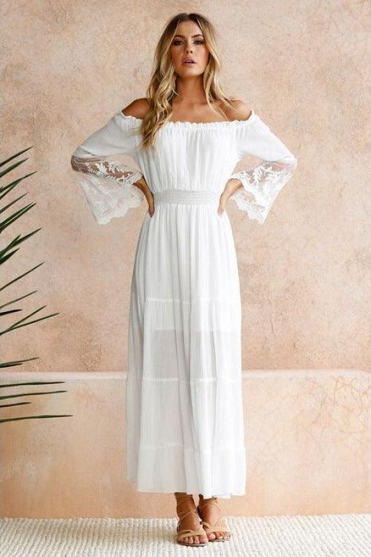 Off-Shoulder Lace Sleeve Maxi Ibiza Dress for Women