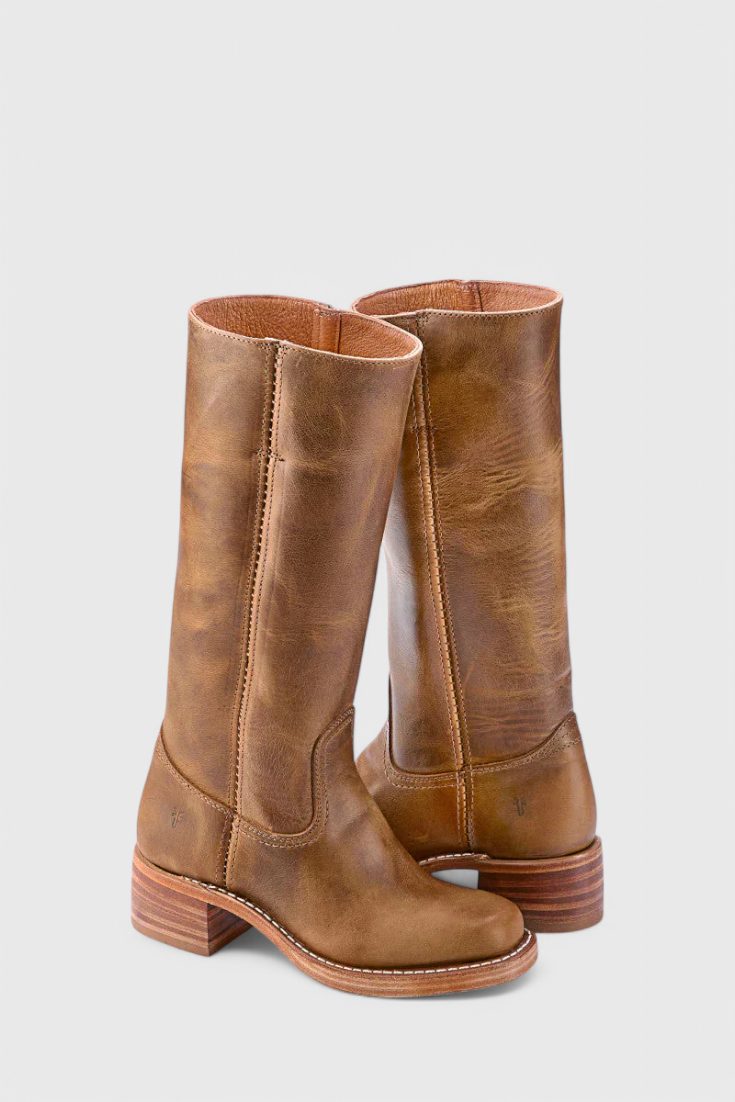 Leather Block Heel Mid-Calf Boots for Women - Light Brown