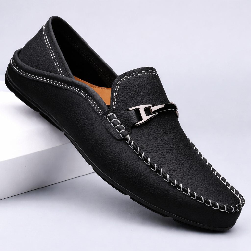 Leather Slip-On Loafers for Men - Black