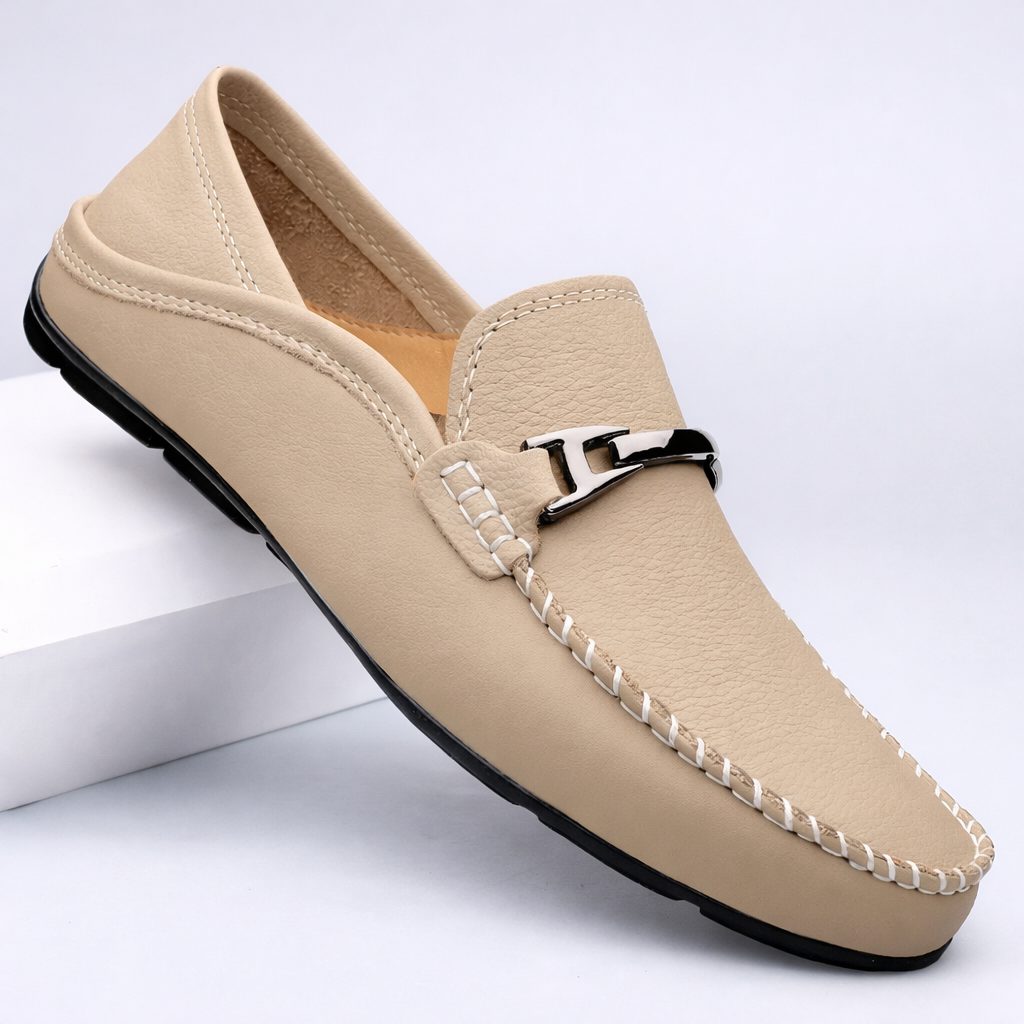 Leather Slip-On Loafers for Men - Khaki