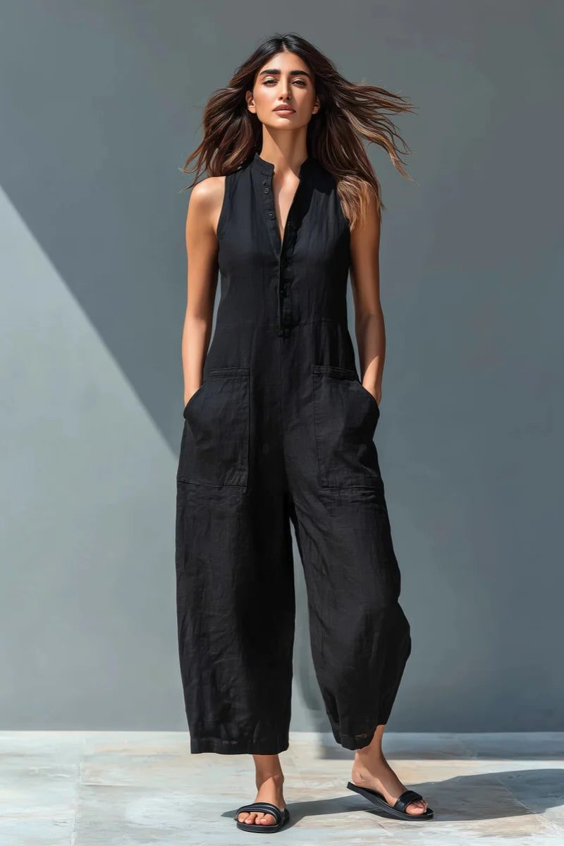 Linen-Blend Stand Collar Sleeveless Jumpsuit for Women
