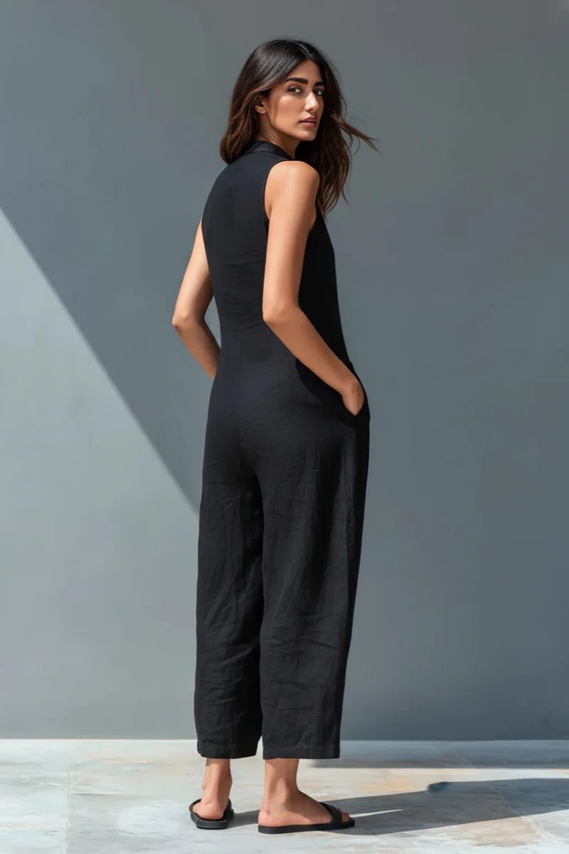 Linen-Blend Stand Collar Sleeveless Jumpsuit for Women - View 2