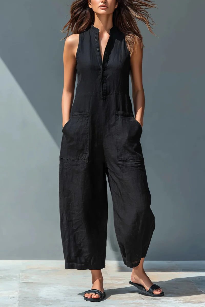 Linen-Blend Stand Collar Sleeveless Jumpsuit for Women - View 3