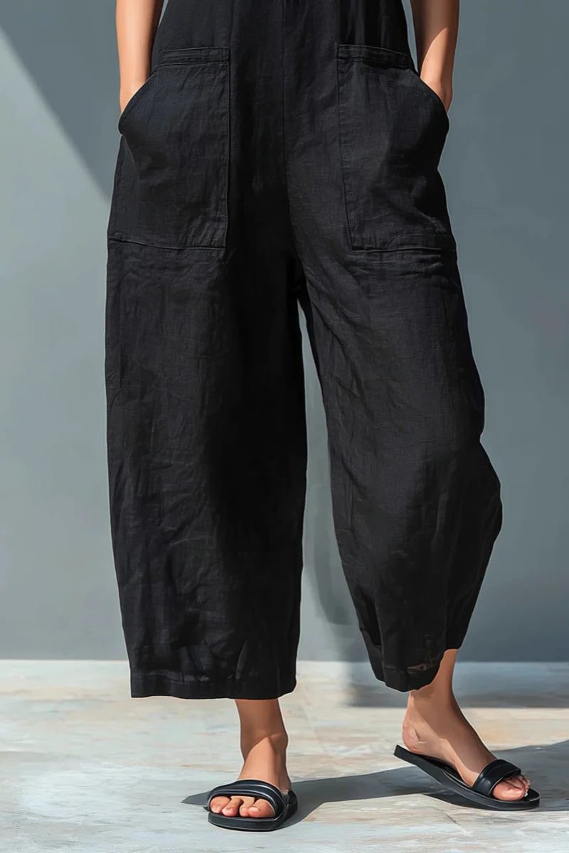 Linen-Blend Stand Collar Sleeveless Jumpsuit for Women - View 5