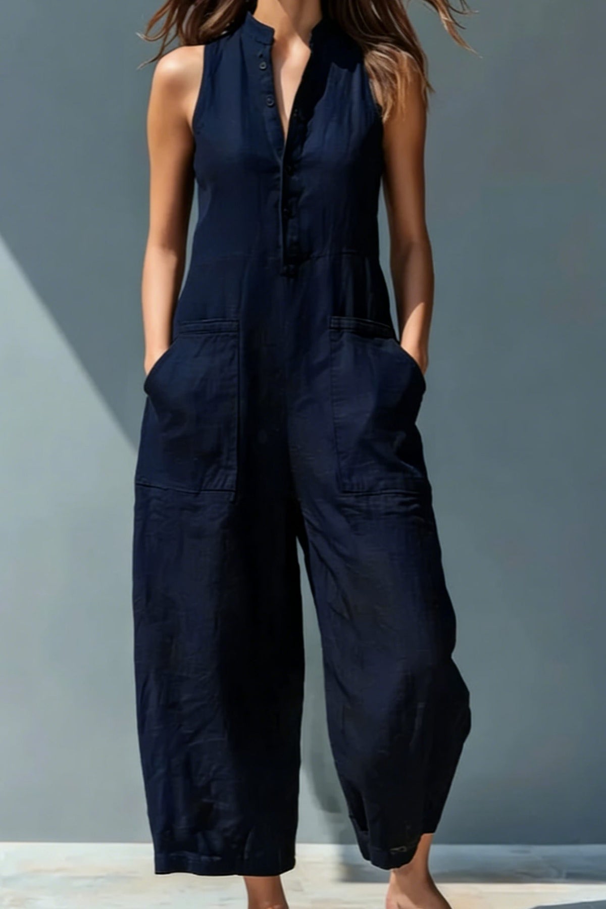 Linen-Blend Stand Collar Sleeveless Jumpsuit for Women - Navy Blue