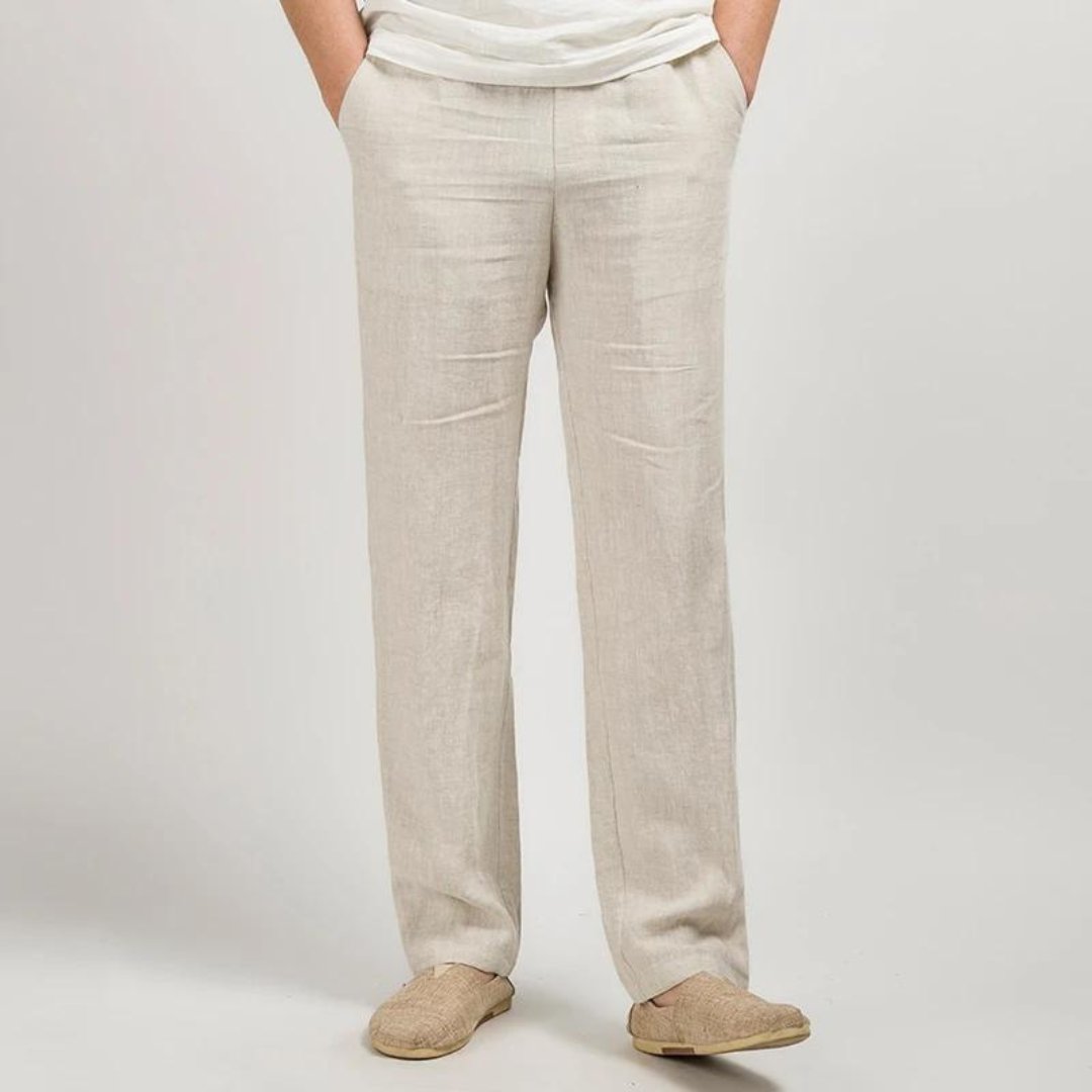 Linen Straight Leg Trousers with Elasticated Waist for Men