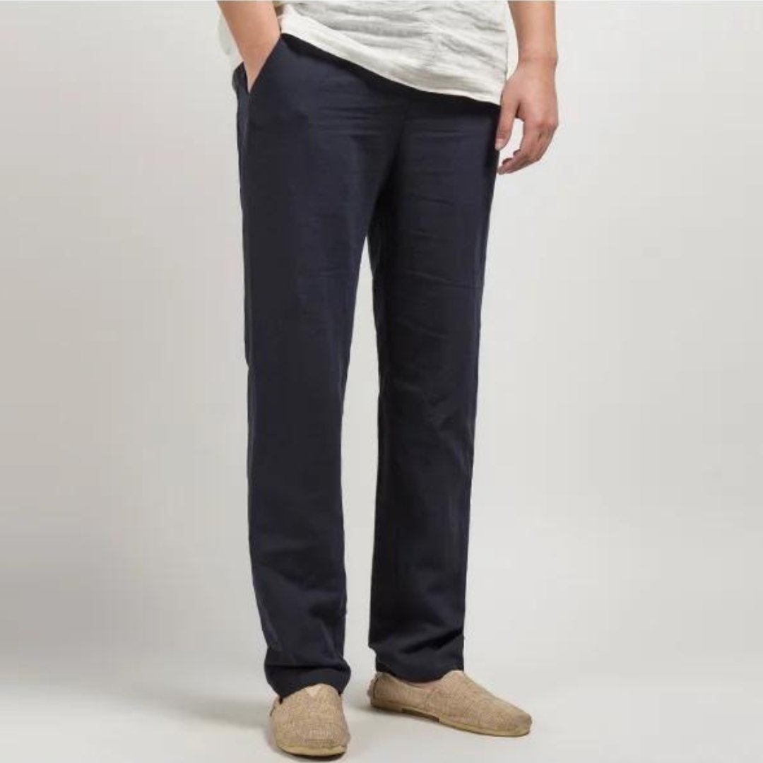 Linen Straight Leg Trousers with Elasticated Waist for Men