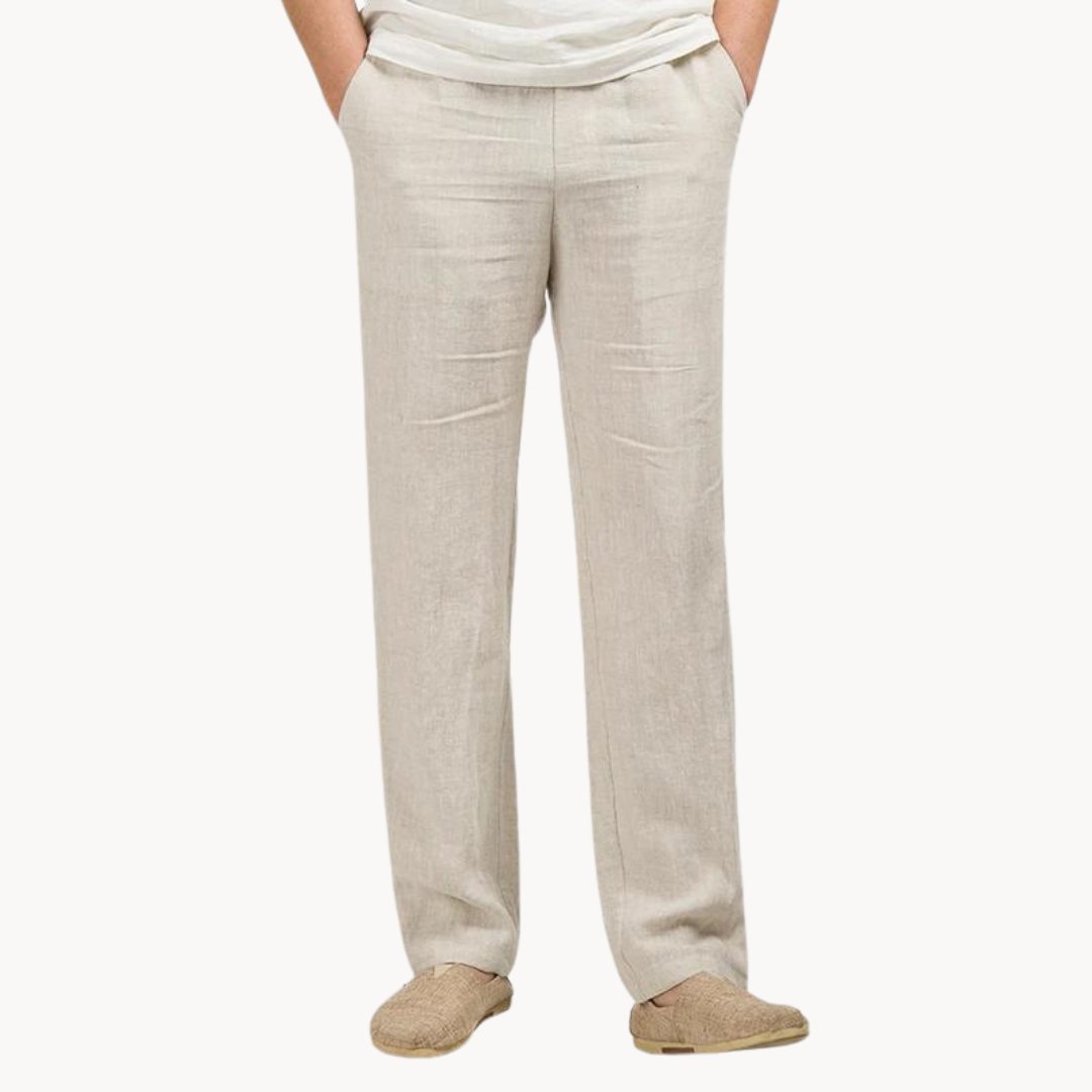 Linen Straight Leg Trousers with Elasticated Waist for Men