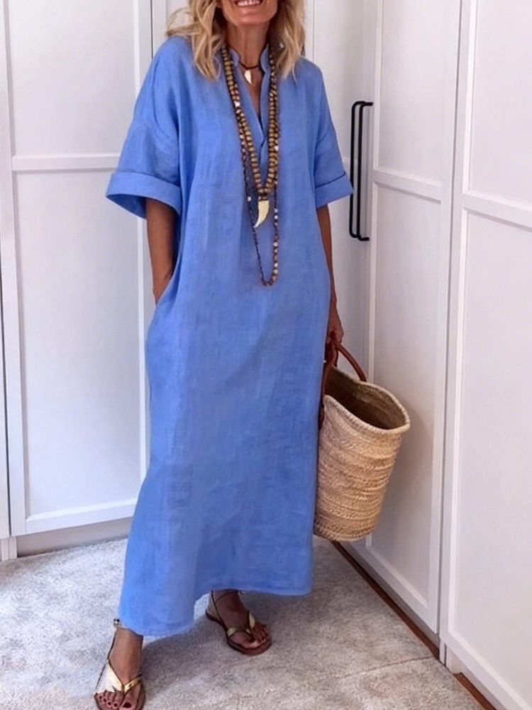 Linen Maxi Shift Dress with V-Neck and Pockets for Women - Blue