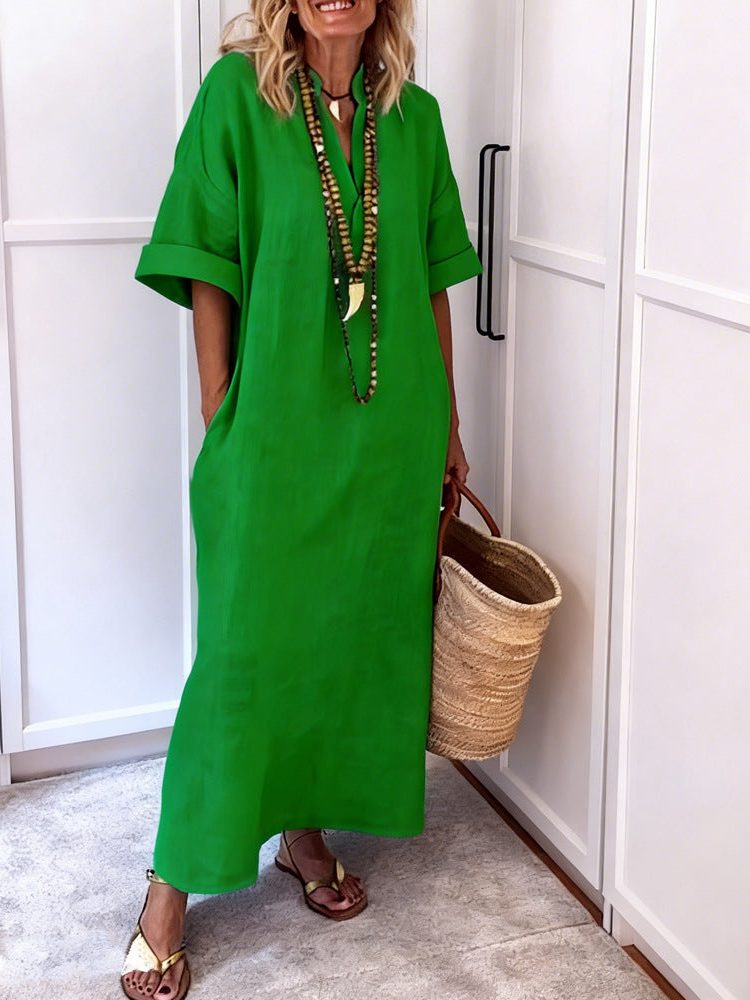 Linen Maxi Shift Dress with V-Neck and Pockets for Women - Green