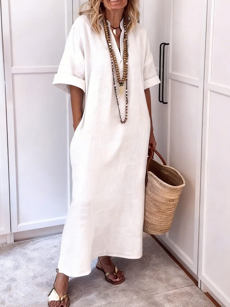 Linen Maxi Shift Dress with V-Neck and Pockets for Women - White
