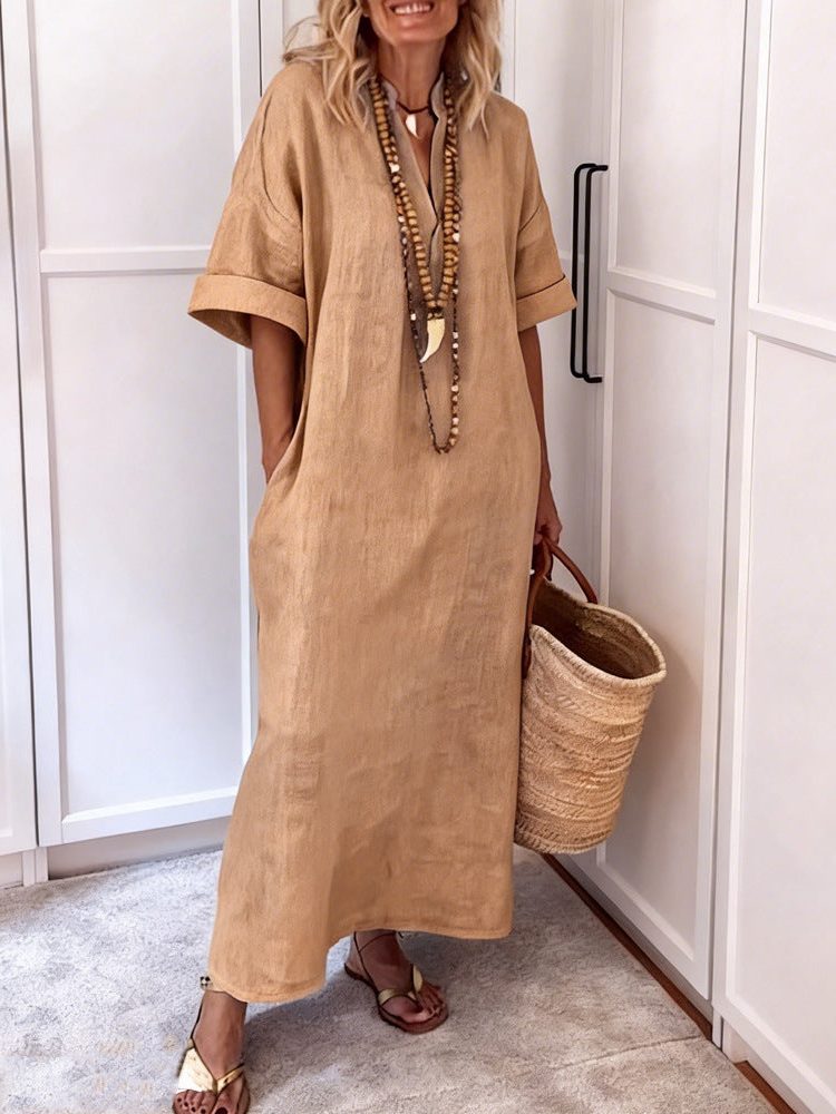 Linen Maxi Shift Dress with V-Neck and Pockets for Women - Camel
