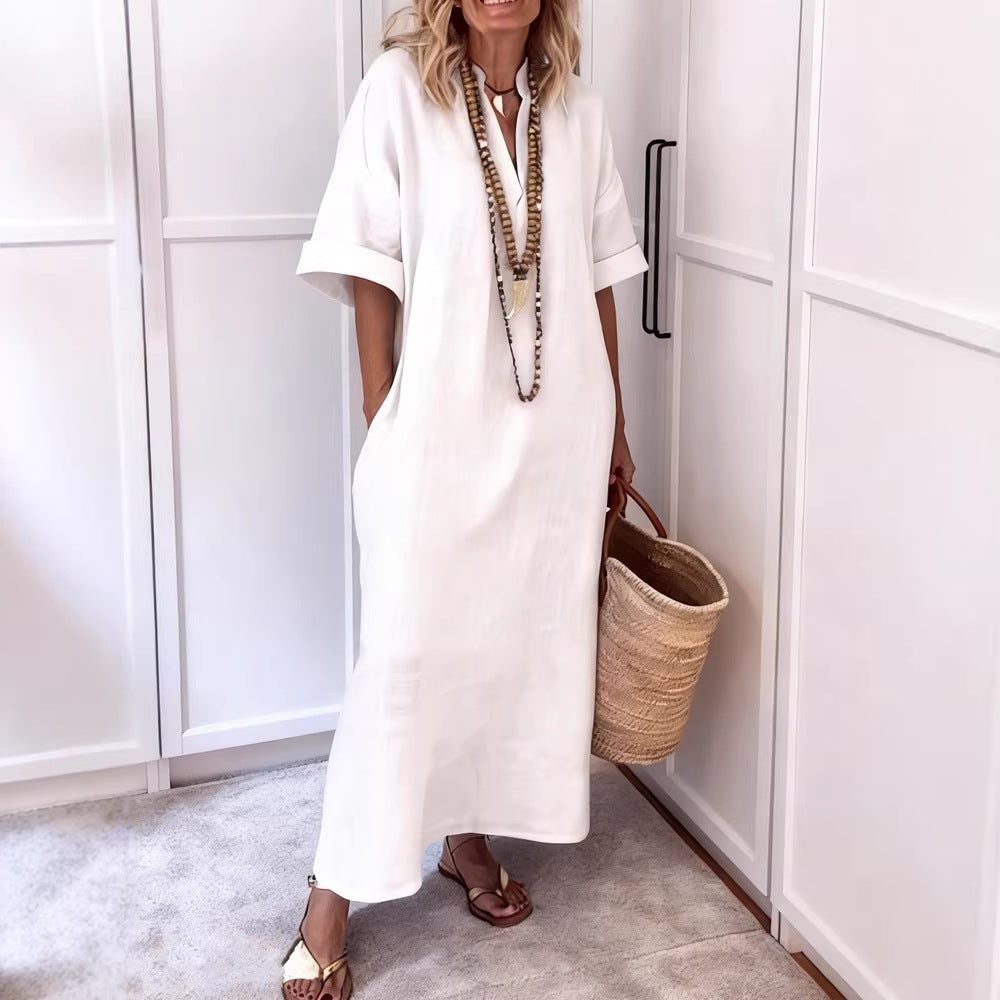 Linen Maxi Shift Dress with V-Neck and Pockets for Women