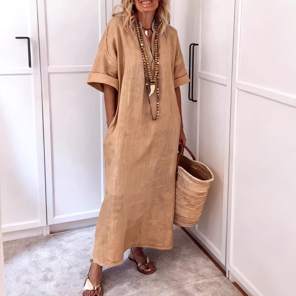 Linen Maxi Shift Dress with V-Neck and Pockets for Women - View 3