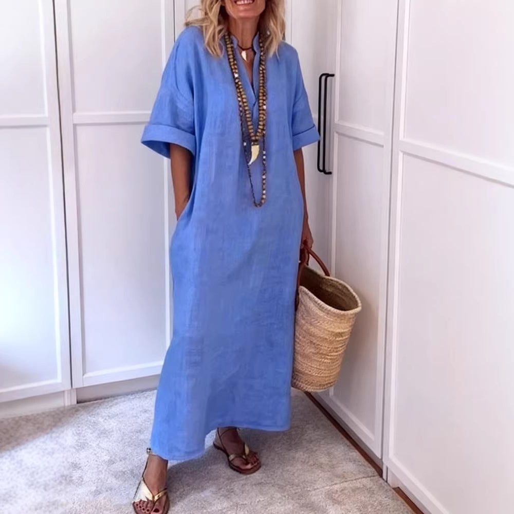 Linen Maxi Shift Dress with V-Neck and Pockets for Women - View 4