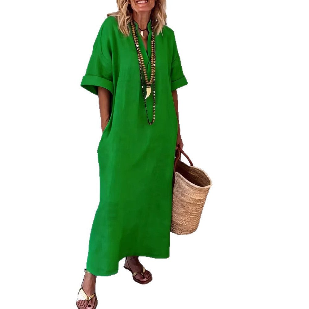 Linen Maxi Shift Dress with V-Neck and Pockets for Women - View 5