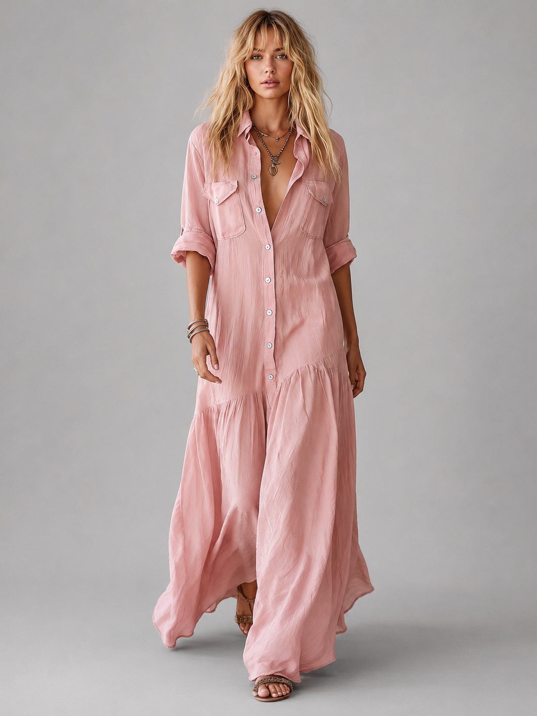 Linen Maxi Shirt Dress with Button Front for Women