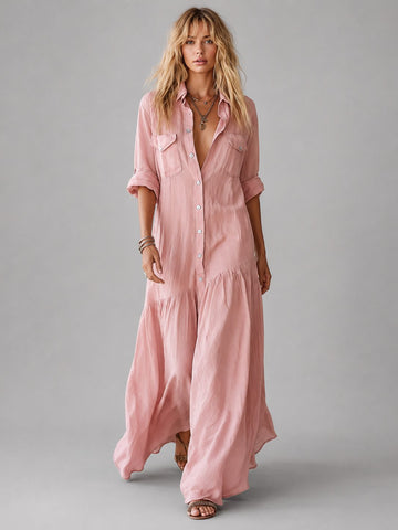 Linen Maxi Shirt Dress with Button Front for Women