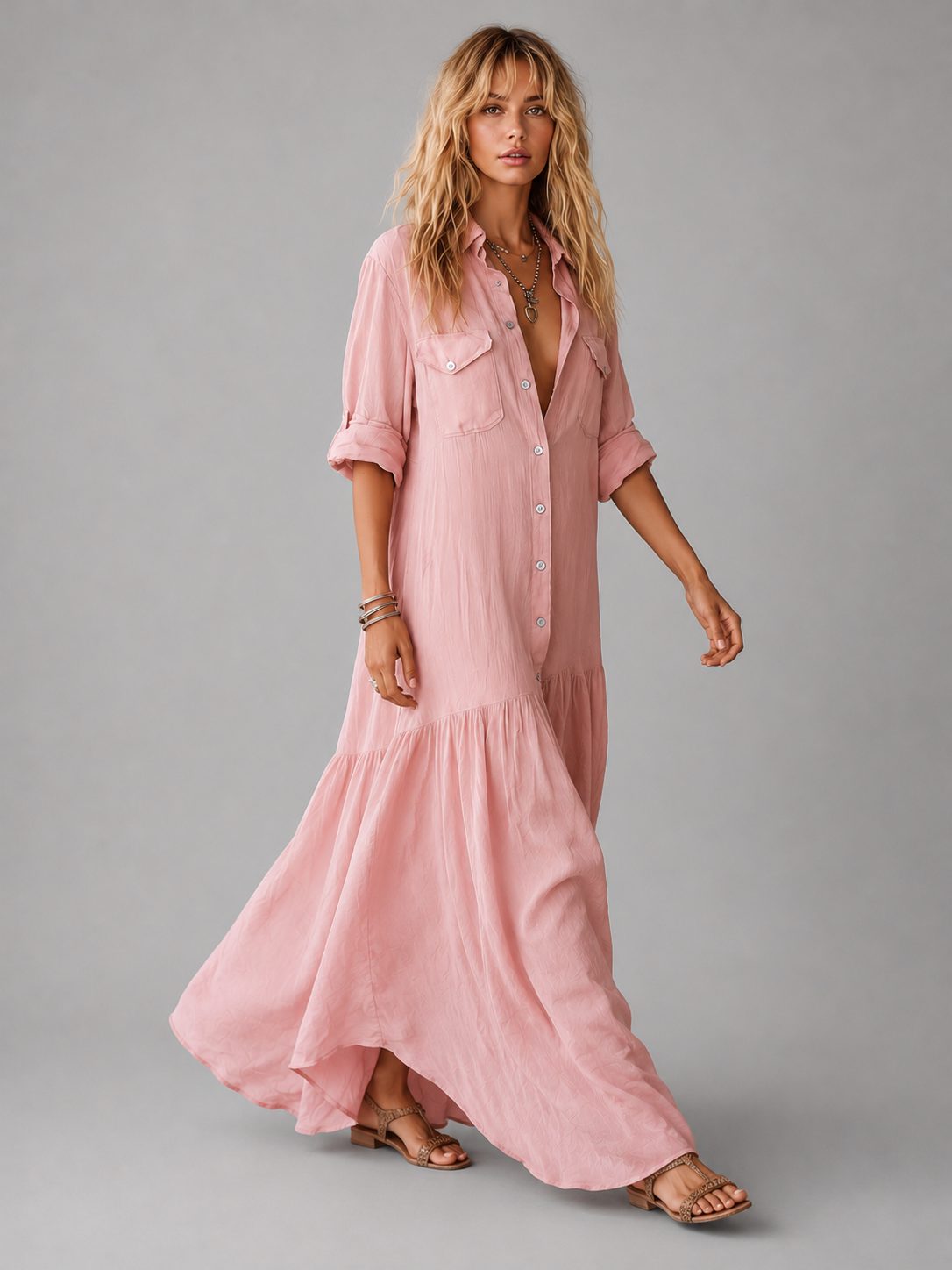 Linen Maxi Shirt Dress with Button Front for Women - View 4