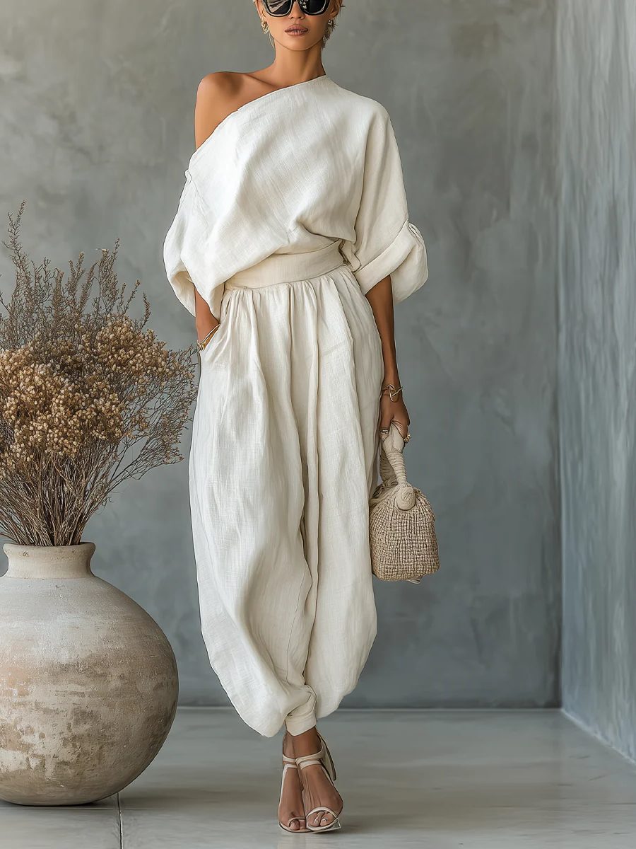 Linen Off-Shoulder Tapered Pant Set for Women