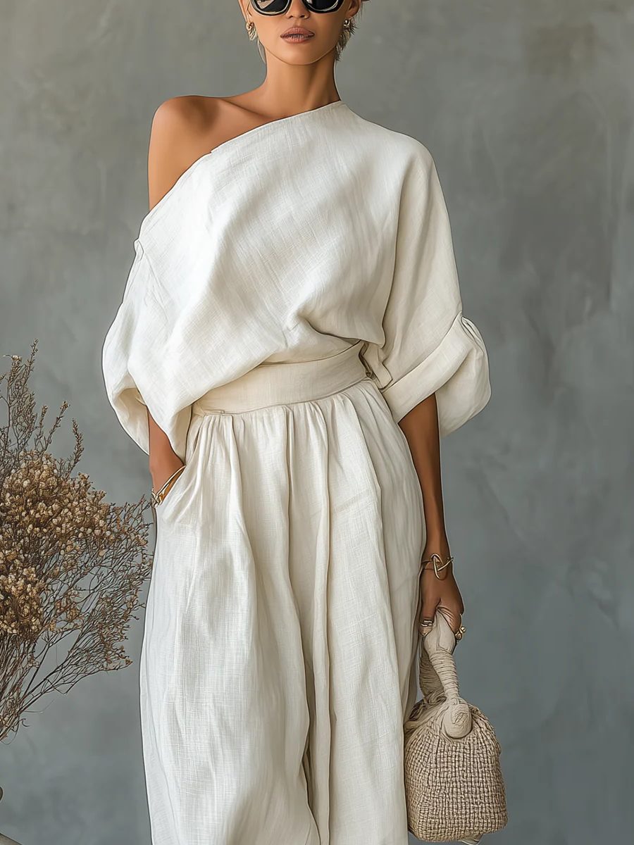 Linen Off-Shoulder Tapered Pant Set for Women - View 2