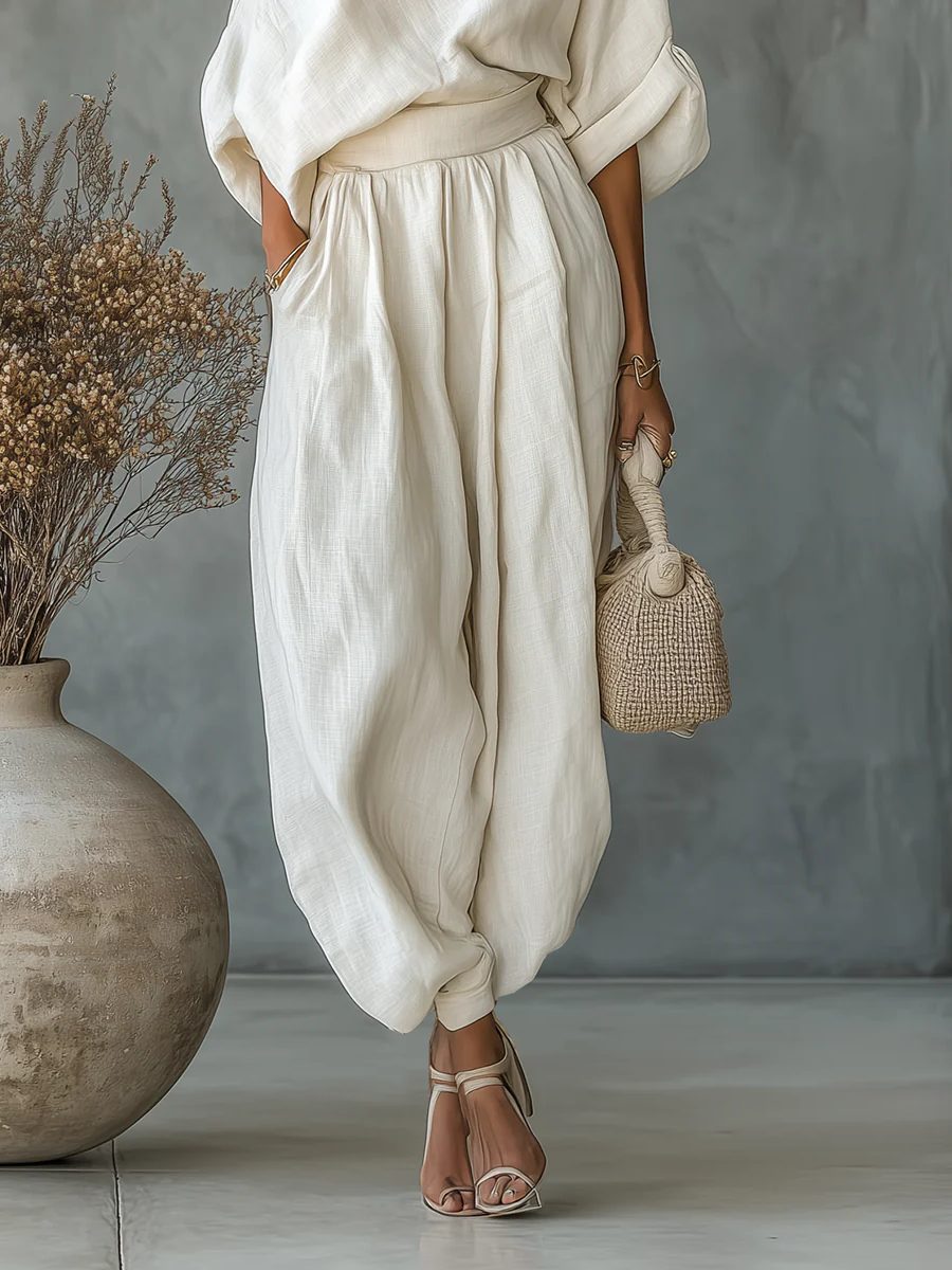 Linen Off-Shoulder Tapered Pant Set for Women - View 3