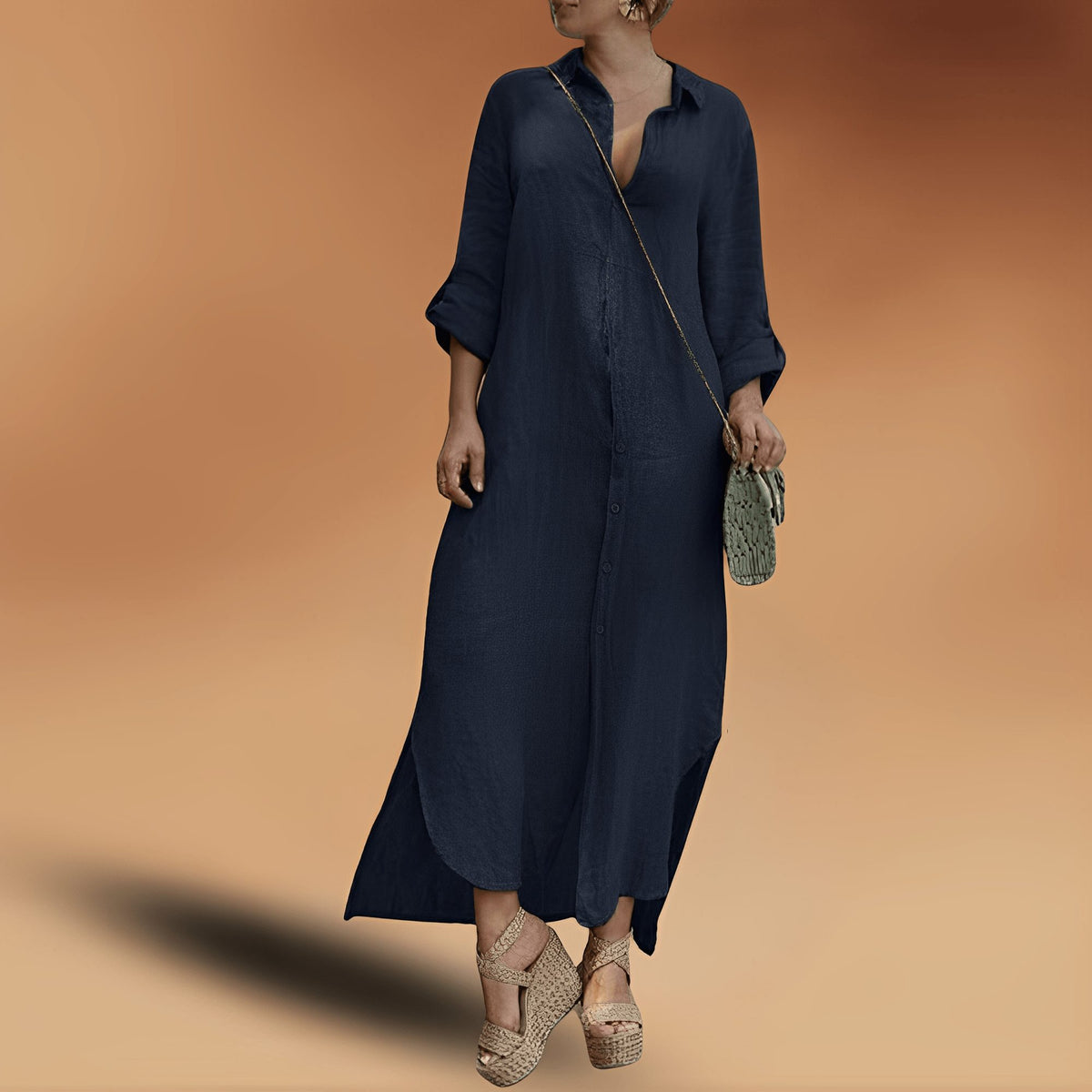 Linen Oversized Maxi Shirt Dress for Women - Navy