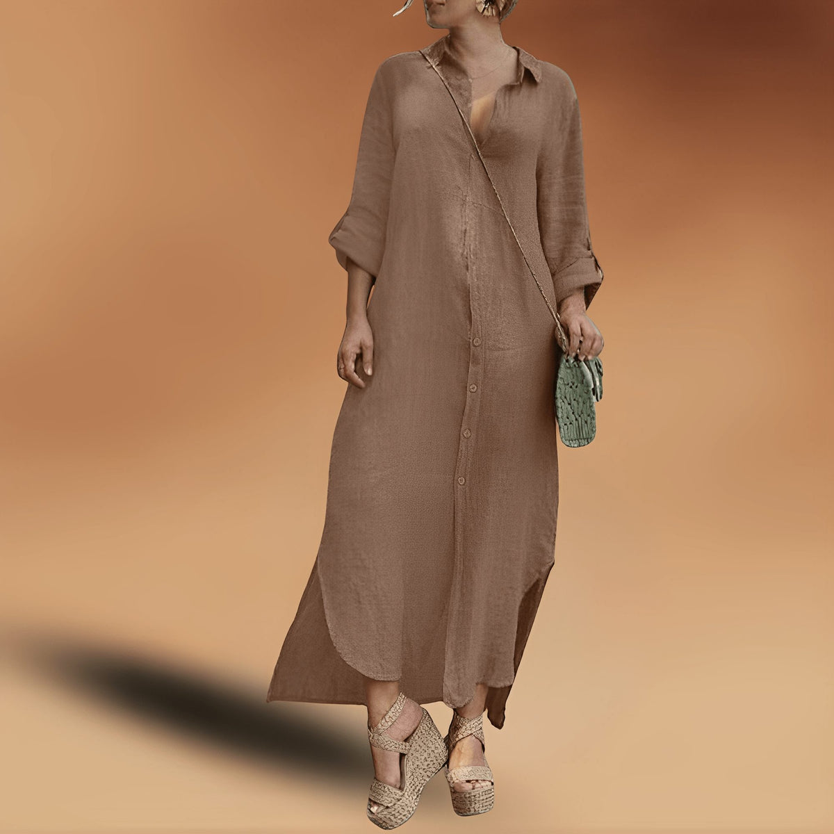 Linen Oversized Maxi Shirt Dress for Women - Khaki