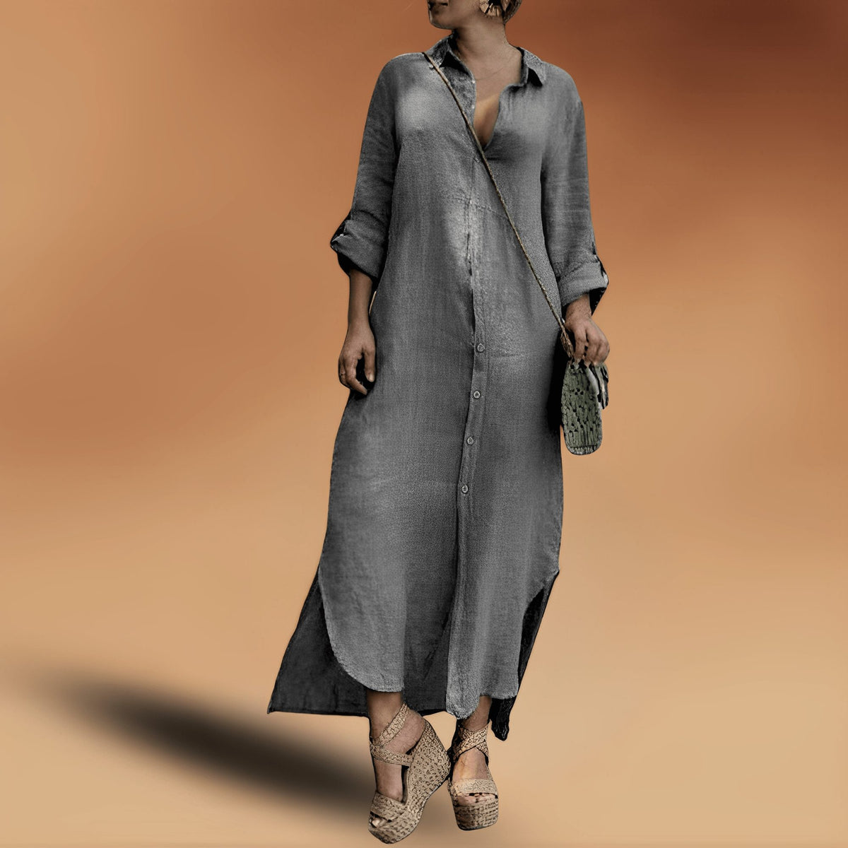 Linen Oversized Maxi Shirt Dress for Women - White-grey