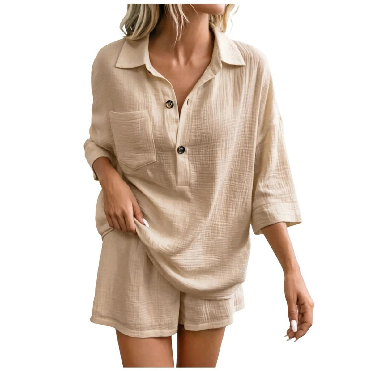 Linen Shirt Shorts Set for Women - Khaki