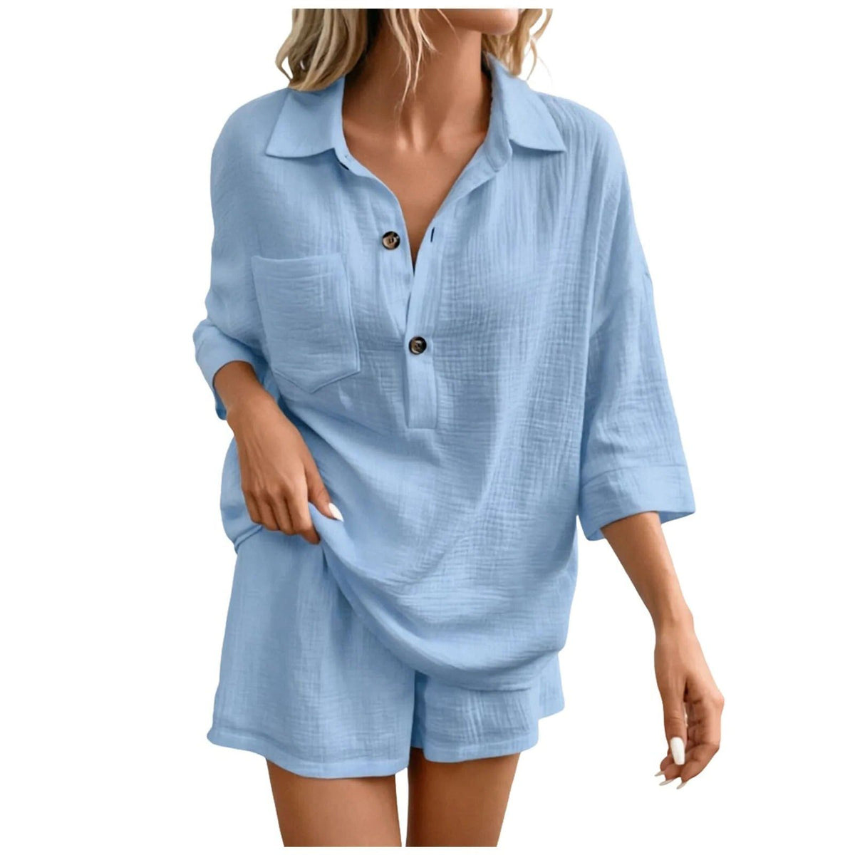 Linen Shirt Shorts Set for Women - Light Blue