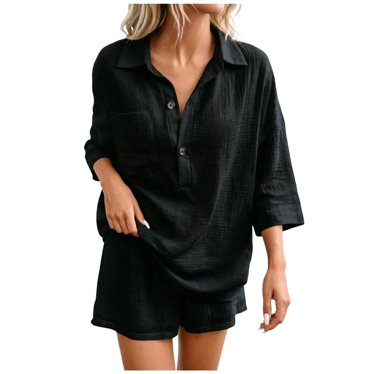 Linen Shirt Shorts Set for Women - Black