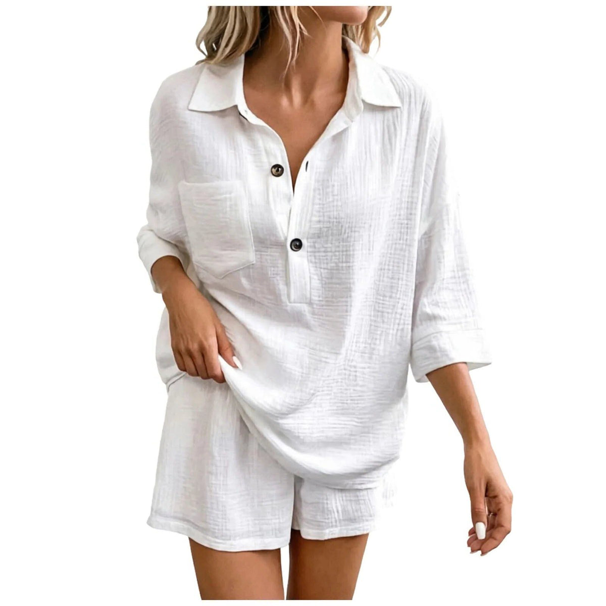 Linen Shirt Shorts Set for Women - White