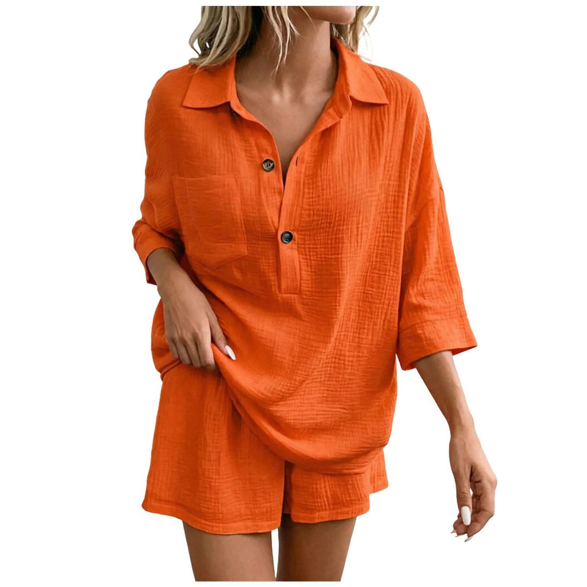Linen Shirt Shorts Set for Women - Orange