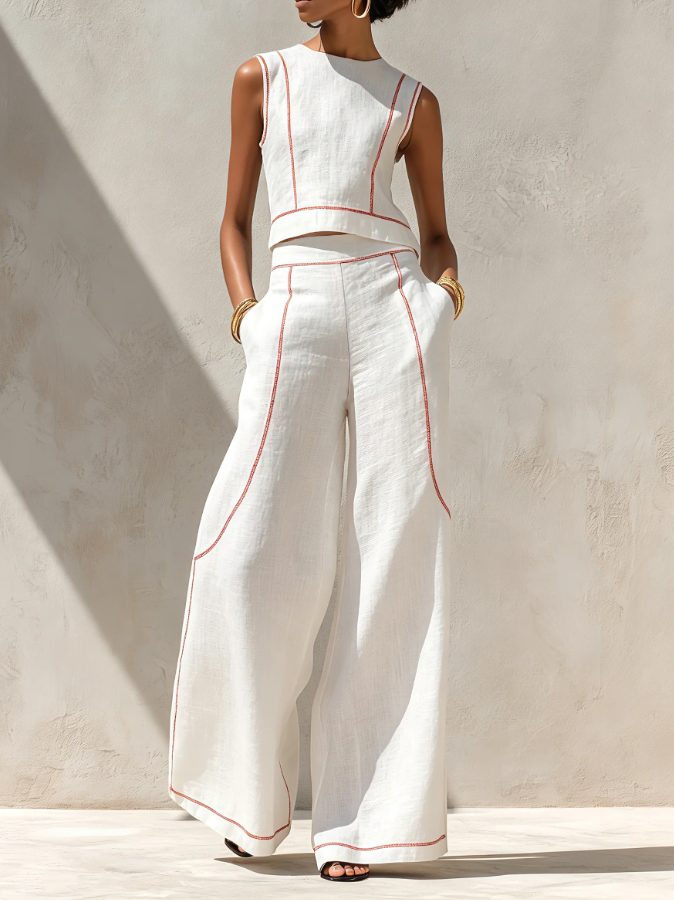Linen Sleeveless Wide Leg Two-Piece Set for Women