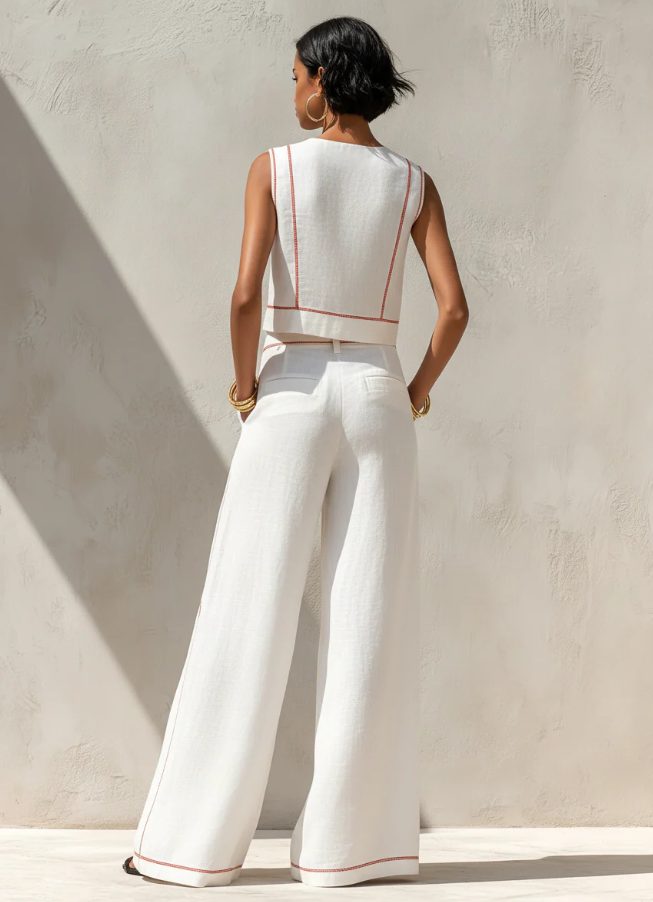 Linen Sleeveless Wide Leg Two-Piece Set for Women - View 3