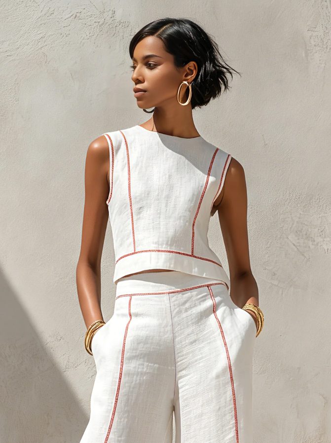 Linen Sleeveless Wide Leg Two-Piece Set for Women - View 4