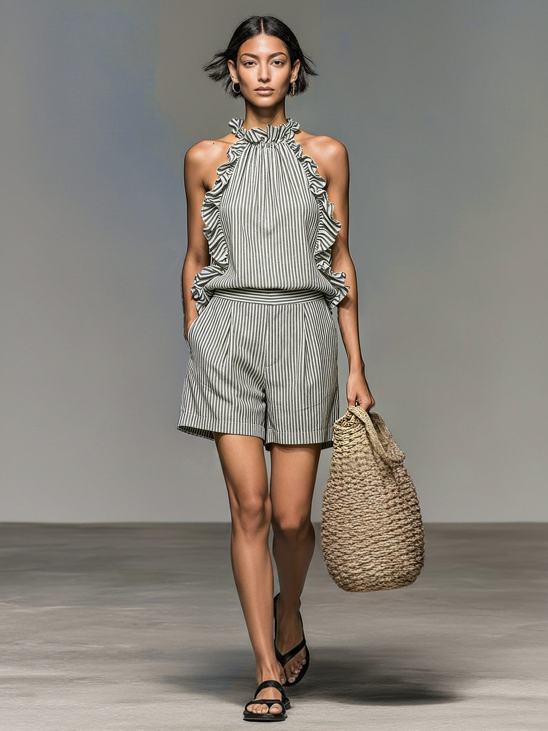Linen Striped Halter Ruffle Top and Shorts Set for Women
