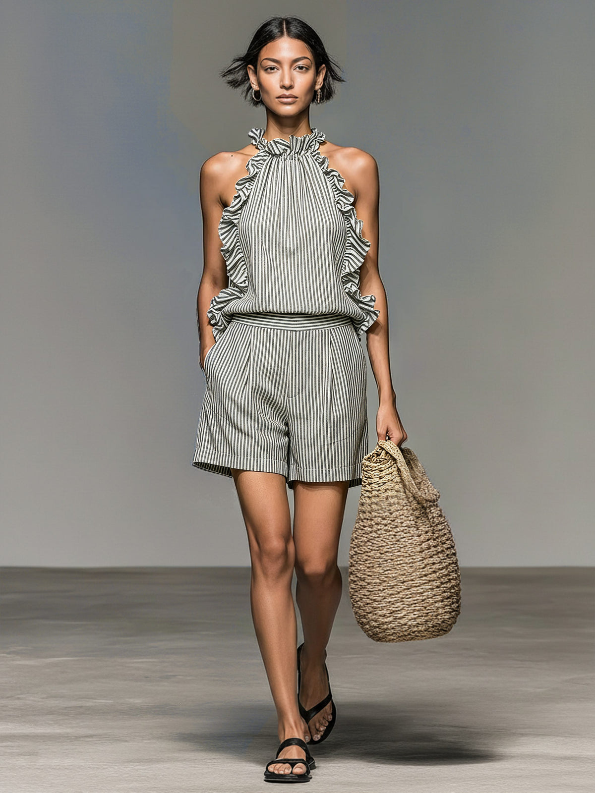 Linen Striped Halter Ruffle Top and Shorts Set for Women - View 2