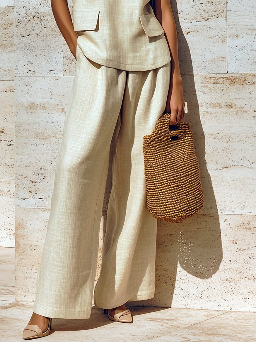 Linen V-Neck Sleeveless Wide Leg Two-Piece Set for Women - View 3