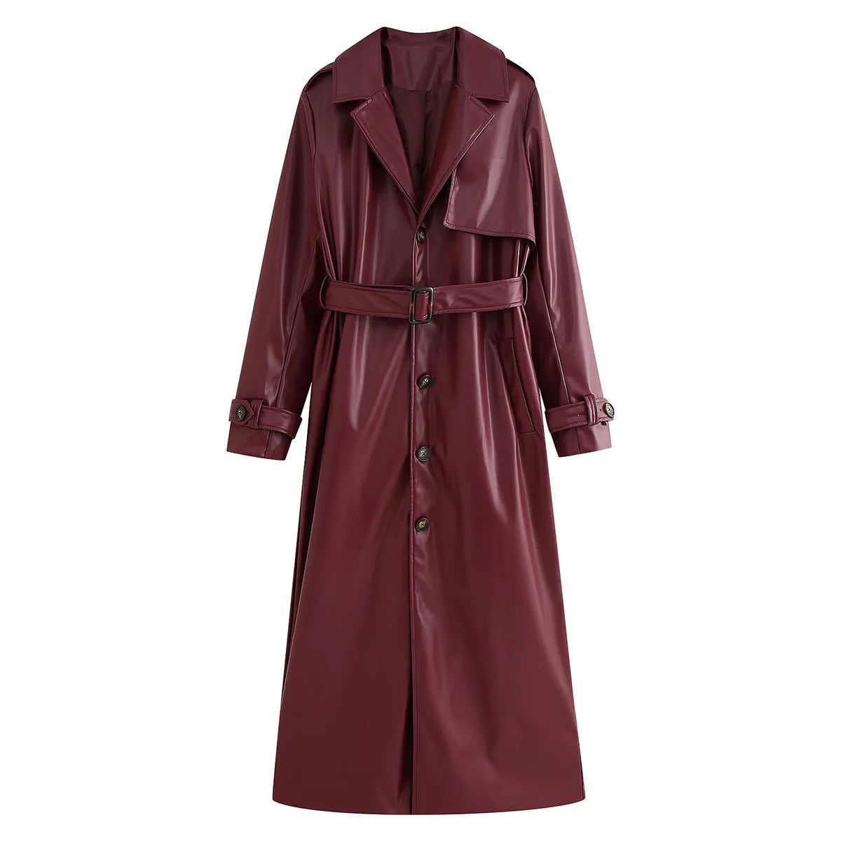Long Belted Leather Trench Coat for Women