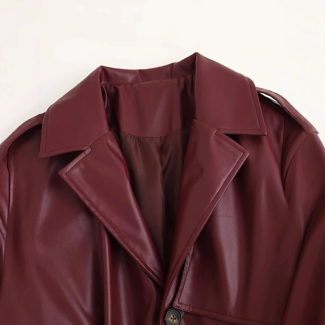 Long Belted Leather Trench Coat for Women - View 3