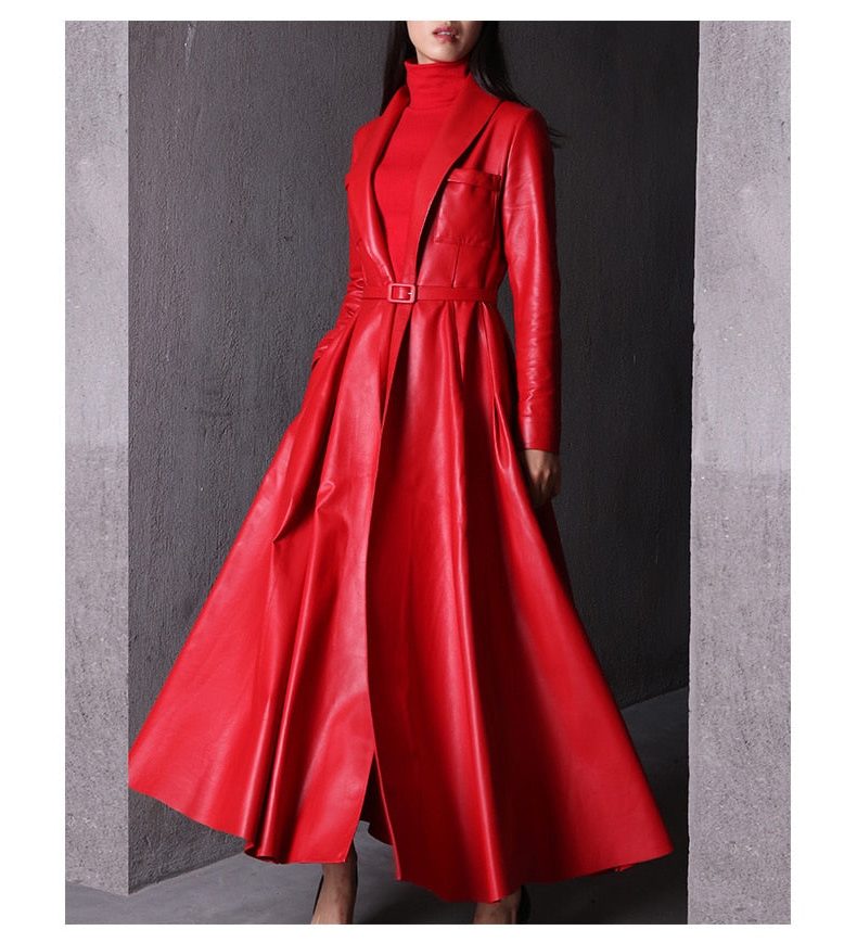 Long Double-Breasted Leather Trench Coat for Women - View 5
