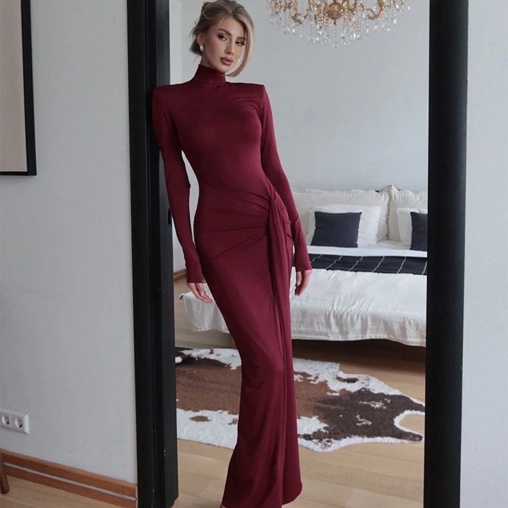 Long Sleeve High Neck Wedding Guest Maxi Dress with Ruched Side Detail for Women