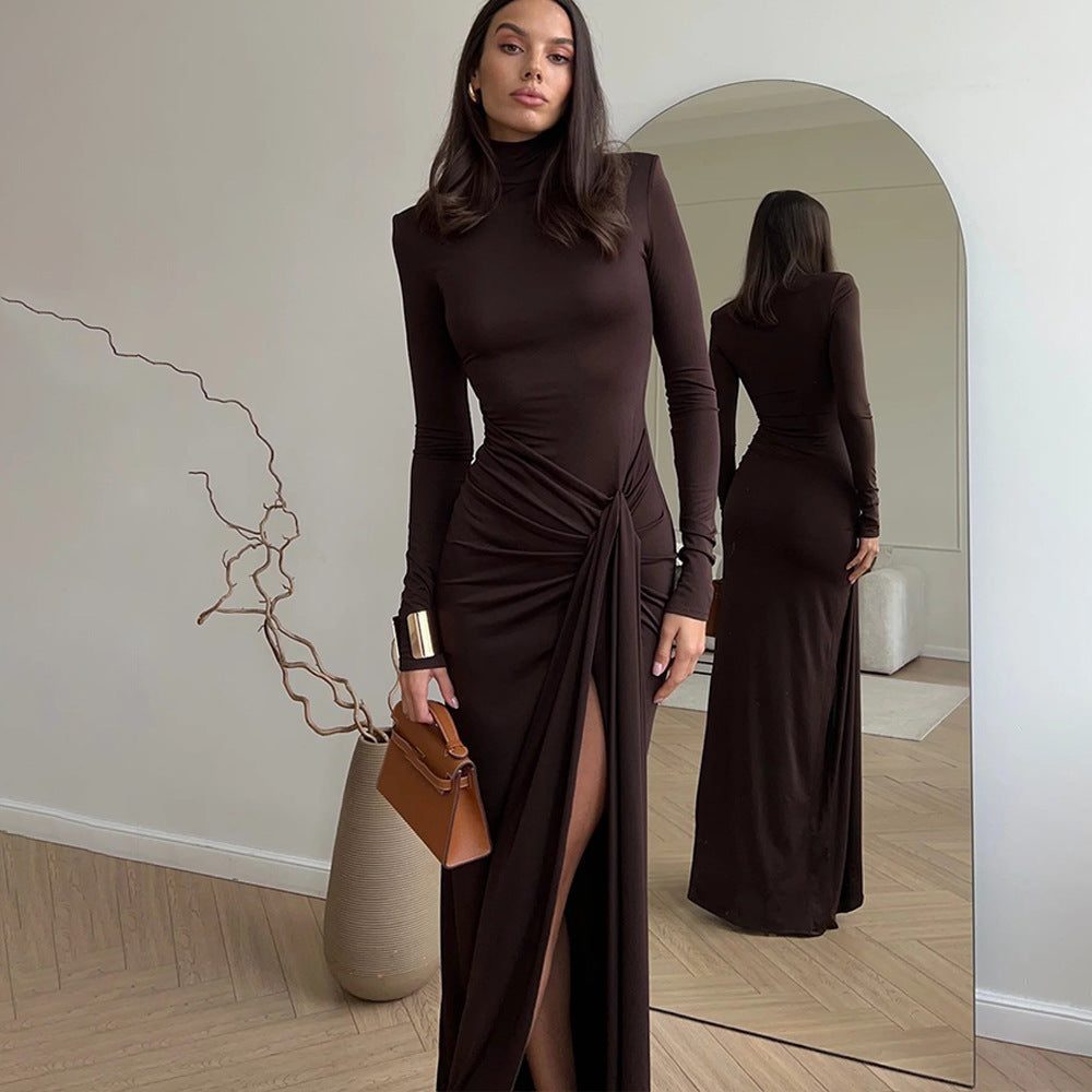 Long Sleeve High Neck Wedding Guest Maxi Dress with Ruched Side Detail for Women - Brown