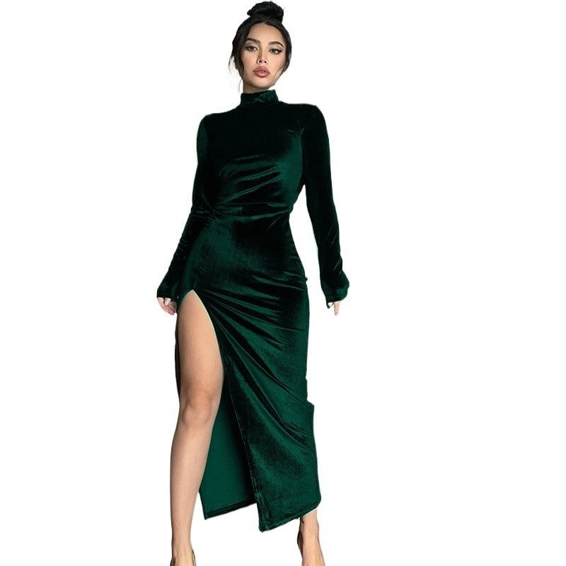 Long Sleeve High Slit Velvet Maxi Dress Wedding Guest for Women - View 4