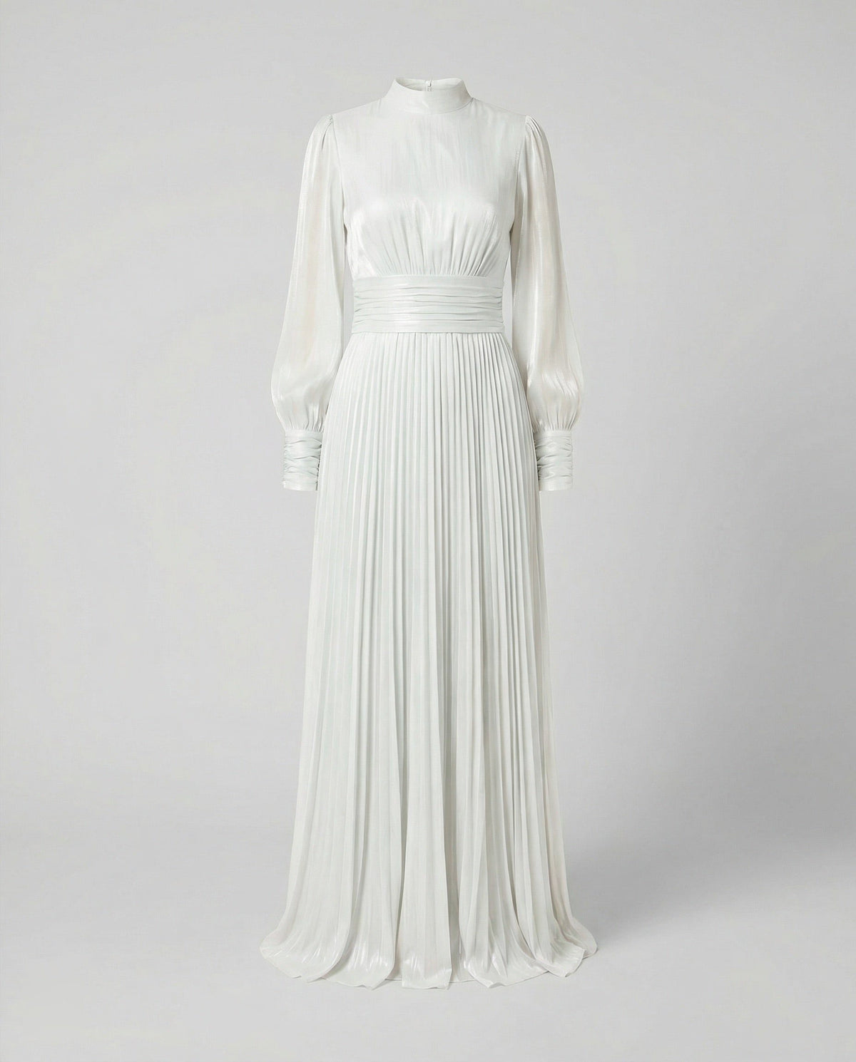 Pleated Maxi Dress with Ruched Waist and High Neck for Women